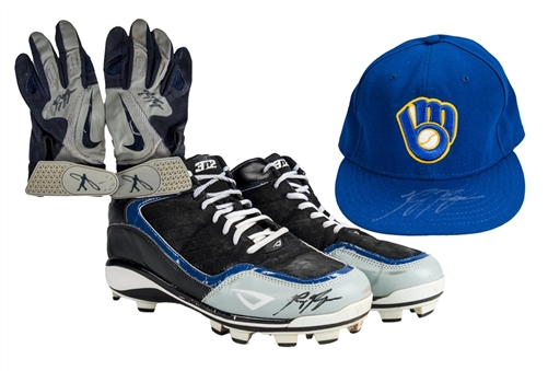 Ryan Braun Game Used and Signed Cleats and Batting Gloves Plus a Signed Milwaukee Brewers Cap